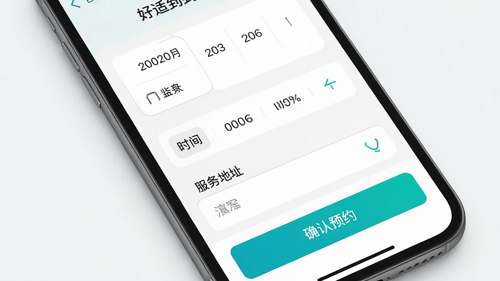 一张手机界面截图风格的图片,展示“好适到家”APP的预约下单页面,屏幕中可见日期选择、时间选择、服务地址填写框和确认预约按钮,界面布局清晰,按钮颜色醒目。背景为浅色,整体风格简洁,画质高清,无多余装饰。