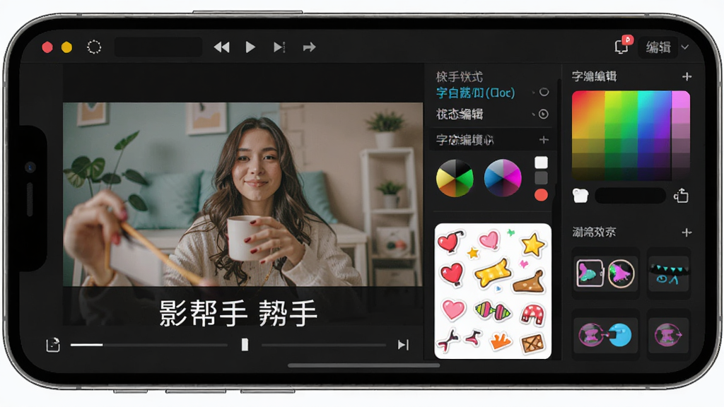 影帮手字幕编辑界面,主体为手机屏幕显示视频画面与字幕编辑框,布局为预览区加编辑面板,风格为活泼创意风,细节包括字幕样式选项、颜色选择器、贴纸素材栏、动画效果预览,画质高清,无多余元素