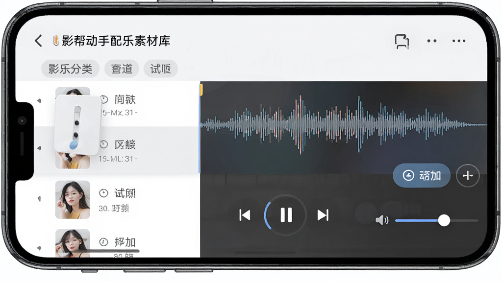 影帮手配乐素材库界面,主体为手机屏幕展示音乐列表与波形图,布局为列表加播放控制区,风格为清新简洁风,细节包括音乐分类标签、试听按钮、添加按钮、音量调节条,画质高清,画面干净