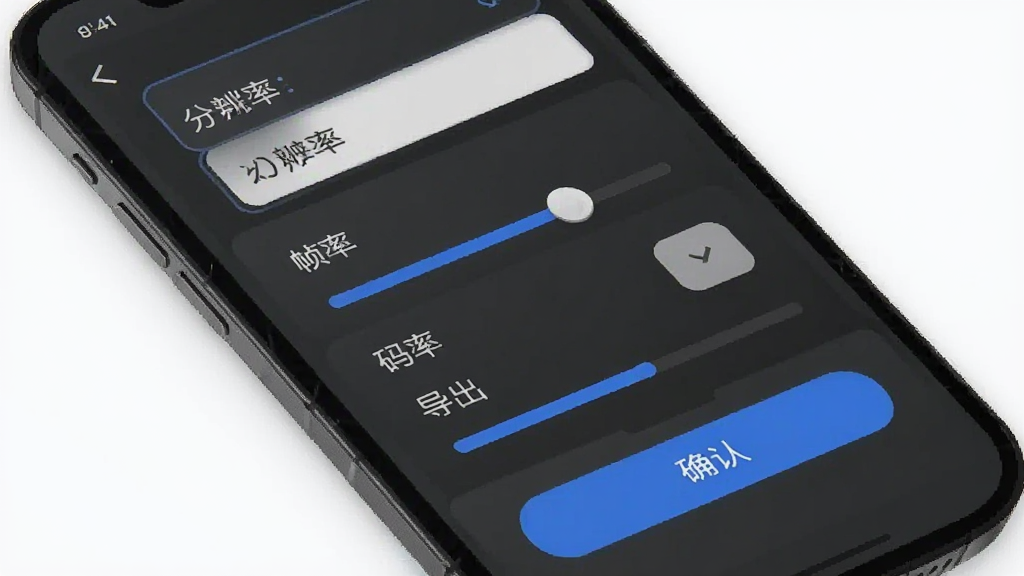 影帮手导出设置界面,主体为手机屏幕显示格式选择与参数调节面板,布局为选项列表加确认按钮,风格为商务简约风,细节包括分辨率选项、帧率滑块、码率选择、导出进度条,画质高清,画面整洁
