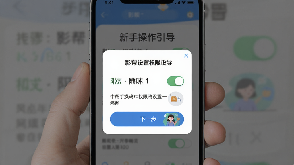 影帮手新手操作引导界面,主体为手机屏幕显示步骤提示与权限设置弹窗,布局为居中弹窗加背景模糊,风格为友好引导风,细节包括权限开关、下一步按钮、插图示意,画质高清,干净简洁