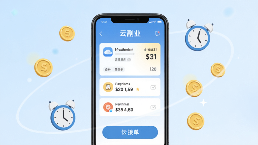 手机屏幕中央显示“云副业”应用界面,背景为浅蓝色渐变,界面中有任务列表、收益数字、接单按钮等元素,周围环绕金币和时钟图标,风格简洁现代,扁平化设计,画质清晰,干净无多余元素