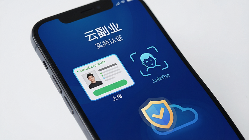 手机屏幕显示“云副业”实名认证页面,界面中有身份证上传框、人脸识别图标和盾牌安全标识,背景为深蓝色渐变,风格科技感与安全感并重,画质清晰,无多余元素