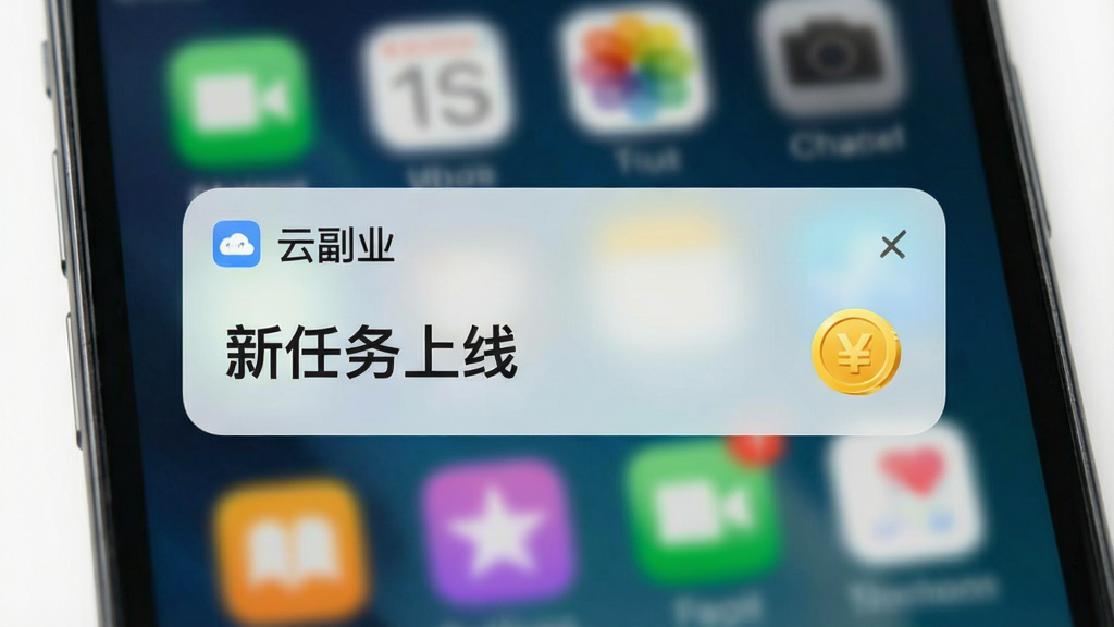 手机锁屏界面弹出“云副业”通知横幅,显示“新任务上线”字样和金币图标,背景为手机桌面模糊效果,风格现代简洁,画质清晰,无多余元素