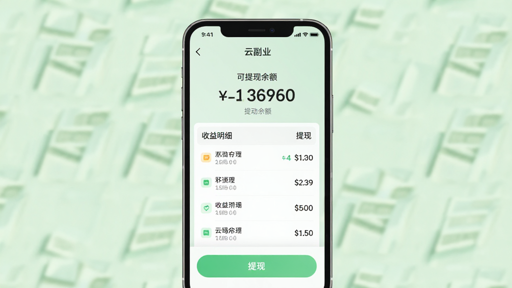手机屏幕展示“云副业”钱包页面,上方显示可提现余额数字,下方有收益明细列表和提现按钮,背景为柔和的浅绿色,界面元素排列整齐,风格简约商务,画质清晰,干净无多余元素
