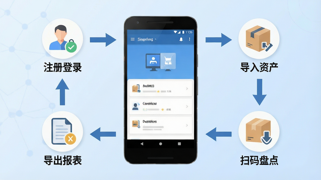 一张展示易点固定资产管理新手操作流程的示意图,画面以安卓手机为中心,周围环绕四个步骤图标分别为注册登录、导入资产、扫码盘点、导出报表,用箭头连接形成流程闭环,背景为浅蓝色渐变,风格简洁扁平化,细节清晰,画质高清,干净,无多余元素