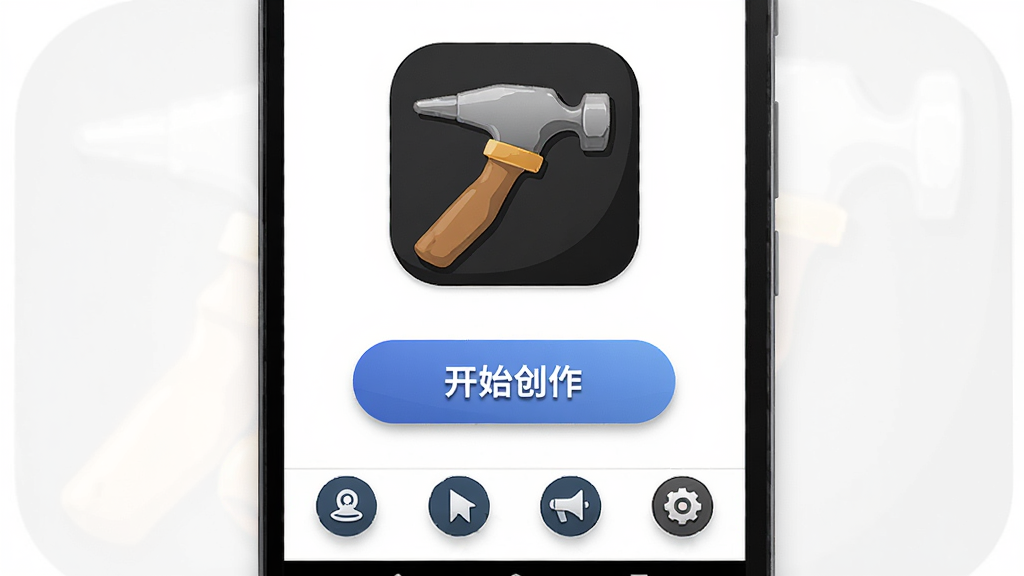 一部安卓手机正面竖屏展示,屏幕上显示榔头应用的主界面,底部有四个功能图标,中间是醒目的开始创作按钮,背景为纯白色,整体风格为现代扁平化设计,细节包括图标的阴影和按钮的渐变,画质为高清矢量渲染,干净无多余元素