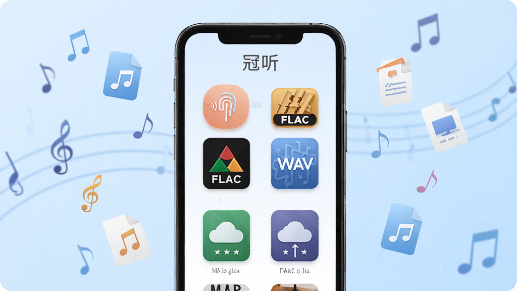 画面展示“冠听”应用内音频格式图标排列,MP3、FLAC、WAV等标志清晰可见,手机屏幕居中,背景为淡蓝色渐变,周围有音符和文件图标漂浮,布局整齐,风格扁平化设计,细节丰富,画质高清,干净无多余元素