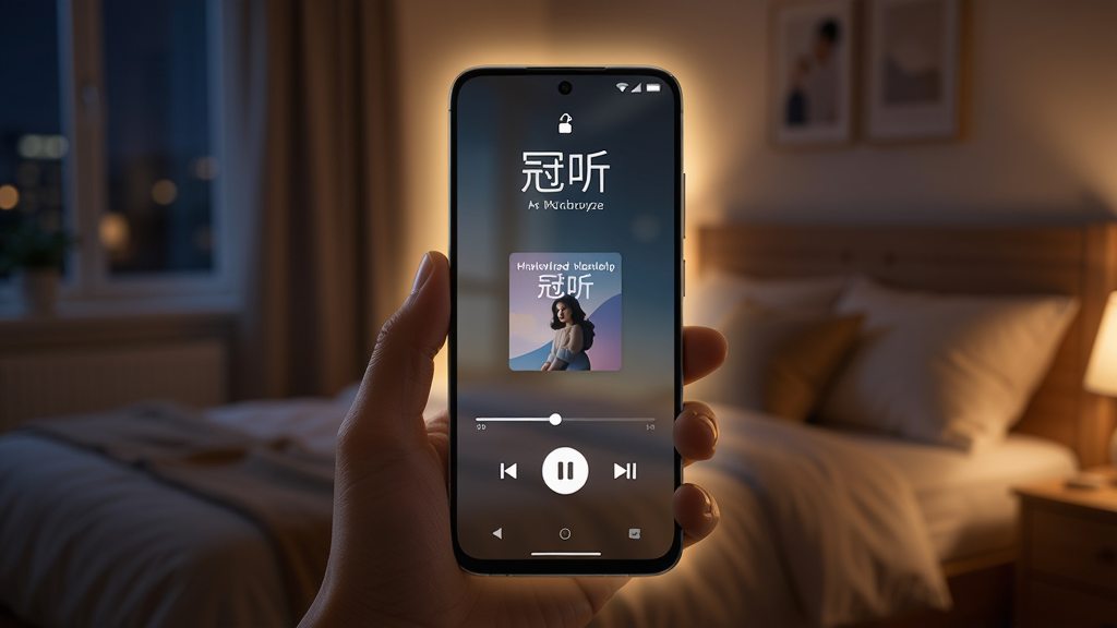 一部安卓手机锁屏状态,屏幕显示“冠听”正在播放音频,有专辑封面和进度条,背景为夜晚卧室场景,手机散发柔和光芒,布局居中,风格温馨写实,细节清晰,画质高清,干净无多余元素