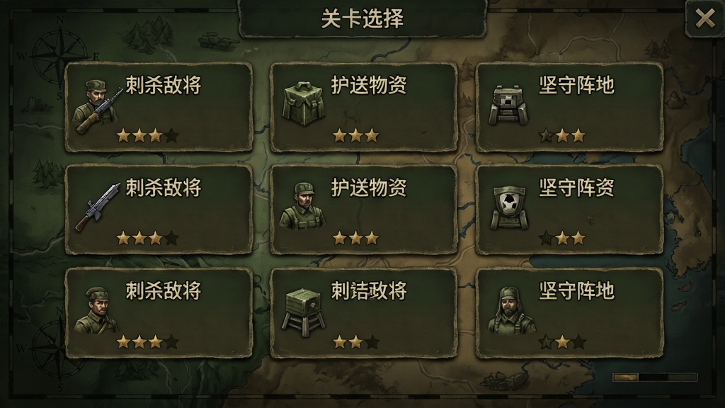 游戏关卡选择界面,展示多个任务卡片,卡片上标注「刺杀敌将」「护送物资」「坚守阵地」等任务名称和难度星级,背景是军事地图风格,色调为深绿和棕色,卡片排列整齐,画质清晰,无多余元素