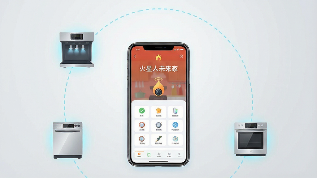 一张展示手机与厨房电器互联的示意图。画面中心是一部智能手机,屏幕显示“火星人未来家”设备控制界面,周围用弧形虚线连接集成灶、洗碗机和蒸烤箱三台设备图标。布局采用圆形放射状构图,手机居中。风格为扁平化科技插画,细节包括设备图标带有轻微发光效果、虚线为淡蓝色、背景为浅灰渐变。画质清晰,干净,无多余元素。