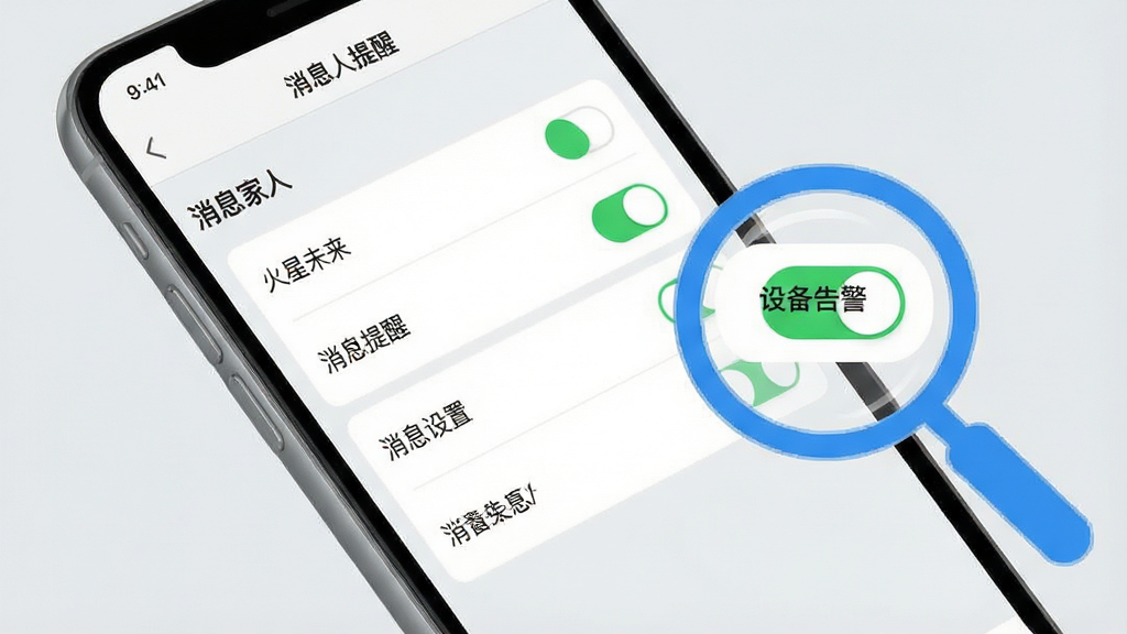 一张展示手机APP设置页面的示意图,画面中手机屏幕显示“火星人未来家”的“消息提醒”设置界面,包含多个开关按钮。布局为手机倾斜放置,旁边有一个放大镜图标指向“设备告警”开关。风格为简洁UI展示图,细节包括开关为绿色开启状态、背景为浅灰、放大镜为蓝色。画质清晰,干净,无多余元素。