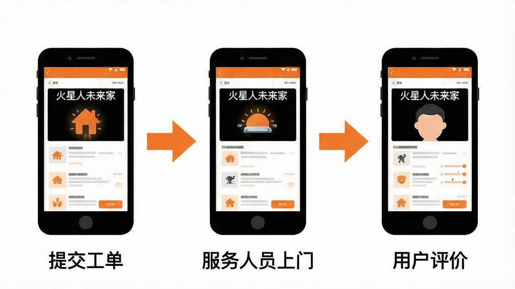 一张展示售后服务流程的流程图风格图。画面从左到右依次为手机提交工单、服务人员上门、用户评价三个场景,用箭头连接。每个场景用简笔画风格呈现,手机屏幕显示“火星人未来家”服务页面。布局为横向三栏。风格为扁平化信息图,细节包括箭头为橙色、背景为白色、人物无面部特征。画质清晰,干净,无多余元素。