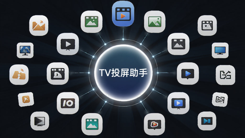一张展示TV投屏助手多格式兼容特性的图片,画面中央是一个发光的圆形图标,图标内写着“TV投屏助手”,周围环绕着各种视频和图片格式的图标以及不同品牌的电视Logo,布局呈放射状,风格为简约商务风,细节上体现兼容并包的视觉效果,画质高清,干净无多余元素