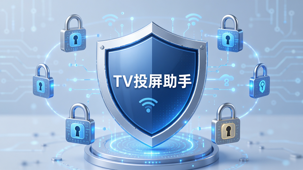 一张展示TV投屏助手隐私安全特性的图片,画面中央是一个盾牌形状的图标,盾牌上写着“TV投屏助手”,盾牌周围环绕着锁头和加密符号,布局居中对称,风格为安全科技风,细节上体现数据加密与隐私保护,画质高清,干净无多余元素