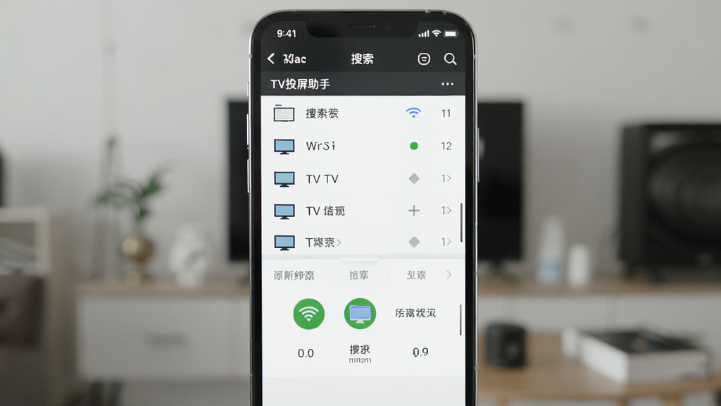 一张展示TV投屏助手在手机上运行时的操作界面截图,画面中手机屏幕显示着设备搜索列表和投屏控制面板,布局为竖屏手机界面,风格为简洁实用风,细节上体现WiFi连接状态和电视设备名称,画质清晰,干净无多余元素