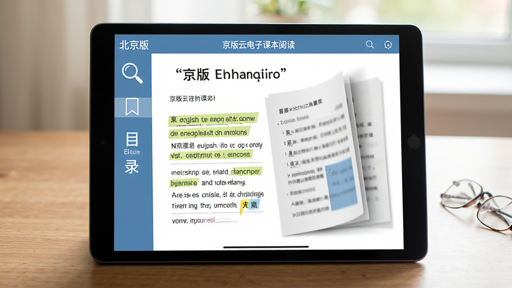 京版云电子课本阅读界面,平板设备横屏显示北京版英语课本内页,页面中有放大镜图标、书签标签、目录侧边栏,背景为木质书桌,柔和自然光,风格清新学习风,细节包含高亮标注、翻页动画残影,画质清晰,干净无多余元素