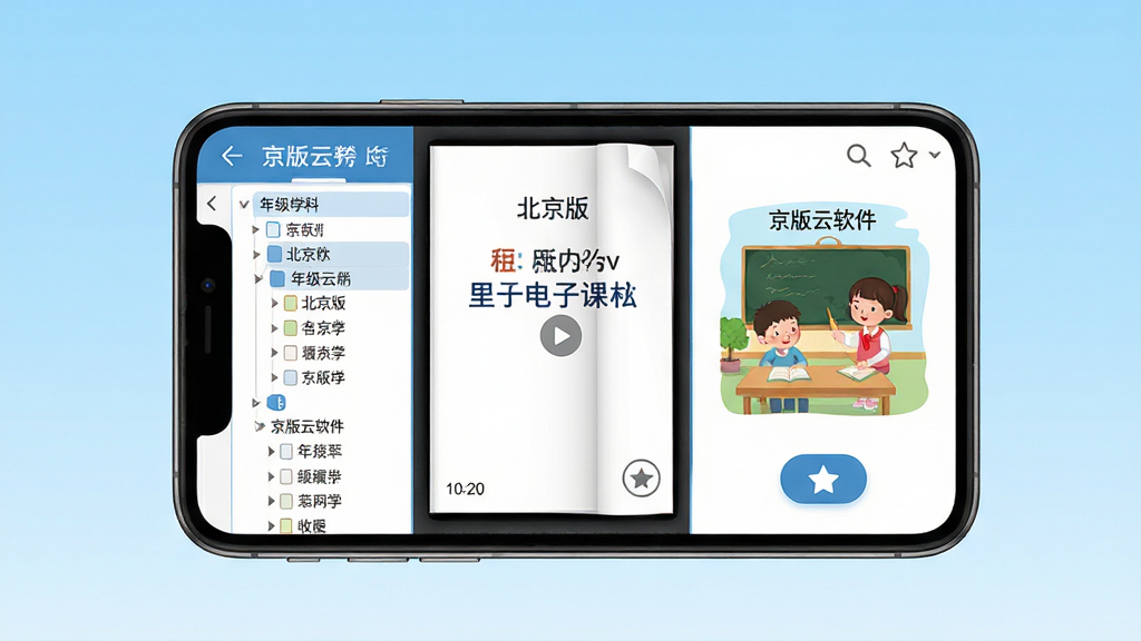 京版云软件主界面展示,手机屏幕中央显示北京版小学英语电子课本翻页效果,左侧为年级学科目录树,右侧为课本插图与点读按钮,背景为浅蓝色渐变,整体布局清晰,扁平化UI风格,细节包含课本页码、播放图标、收藏星标,画质高清,干净无多余元素