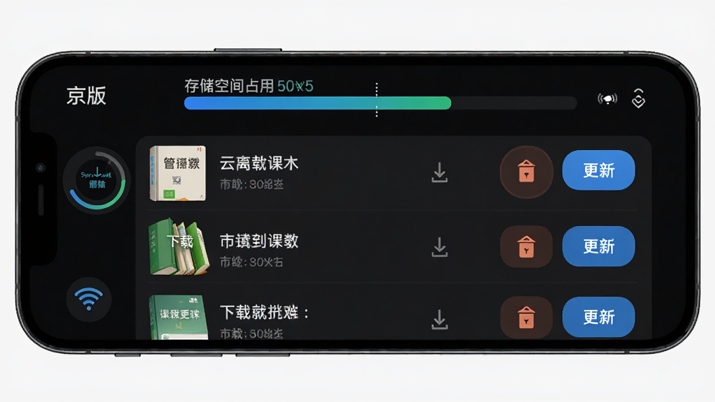 京版云离线下载管理界面,手机屏幕显示已下载课本列表,每项右侧有删除和更新按钮,顶部显示存储空间占用条,背景为深色模式,风格科技感,细节包含下载进度环、WiFi图标,画质高清,干净无多余元素