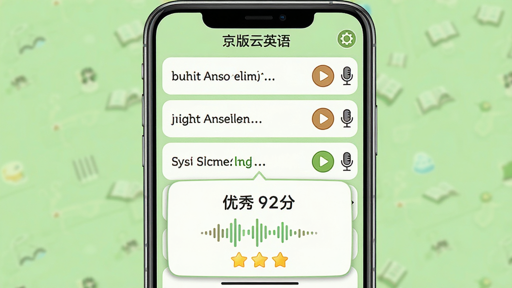 京版云英语点读功能界面,手机屏幕显示英语课文句子列表,每句右侧有播放按钮和麦克风图标,底部弹出语音评分弹窗,显示“优秀 92分”字样,背景为淡绿色,风格活泼教育风,细节包含声波波形、星级评分,画质高清,干净无多余元素