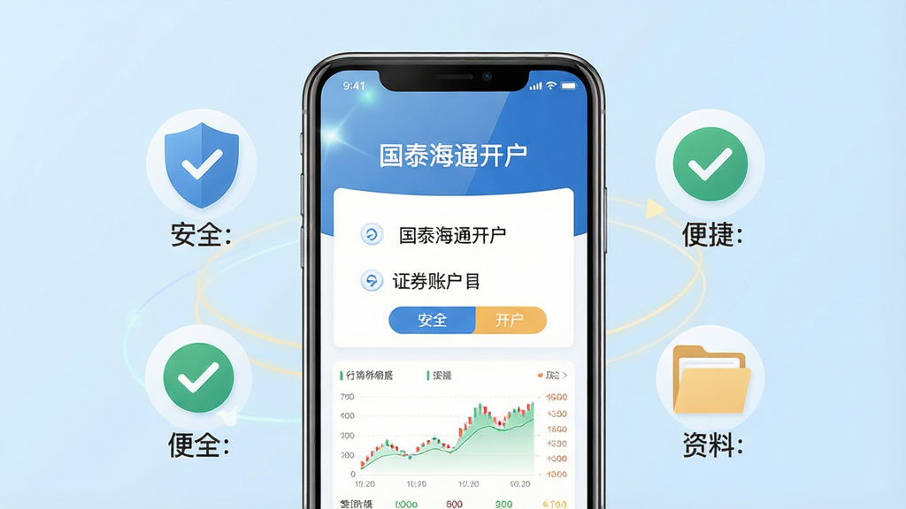 画面中央是一部智能手机,手机屏幕上显示着“国泰海通开户”应用程序的界面,界面中包含证券账户开户的引导步骤和行情数据图表。手机周围环绕着简洁的金融元素图标,如盾牌代表安全、对勾代表便捷、文件夹代表资料。整体布局采用居中构图,背景为干净的浅蓝色渐变。风格为扁平化科技风,细节上手机屏幕有轻微的高光反射,界面文字清晰可辨。画质为高清,画面干净整洁,无多余元素干扰。