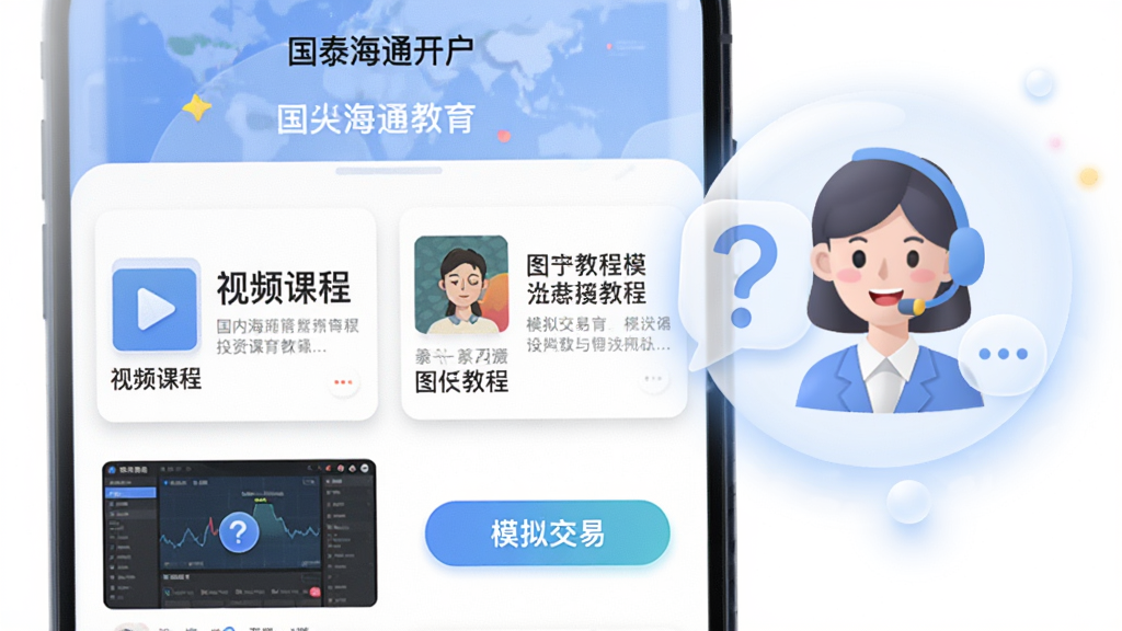 画面展示“国泰海通开户”APP内的投资者教育板块界面,界面中排列着视频课程卡片、图文教程和模拟交易按钮。一位虚拟客服形象以半透明气泡形式悬浮在界面右侧,气泡中包含问号与对话图标。布局采用手机界面截图与元素漂浮结合。风格为扁平化插画,细节上卡片有轻微阴影,客服气泡有柔和光晕。画质高清,画面干净,无杂乱元素。