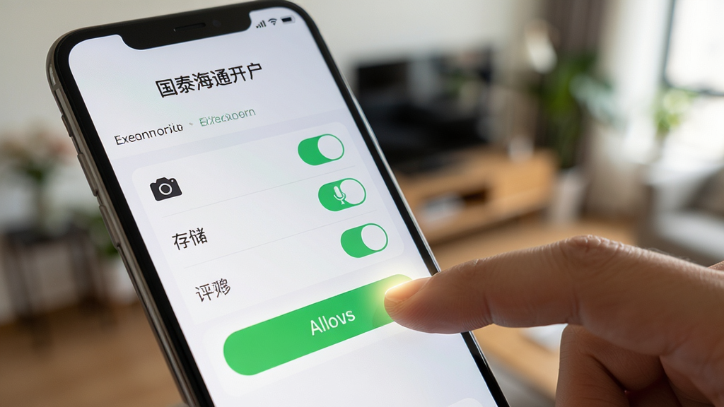 手机屏幕显示“国泰海通开户”APP的权限设置界面,界面中相机、存储、麦克风等权限开关以高亮形式呈现。一只手正在点击屏幕上的允许按钮。布局为手机界面特写,背景虚化为室内环境。风格为写实UI展示,细节上手指与屏幕接触处有轻微高光。画质高清,画面干净,无多余元素。