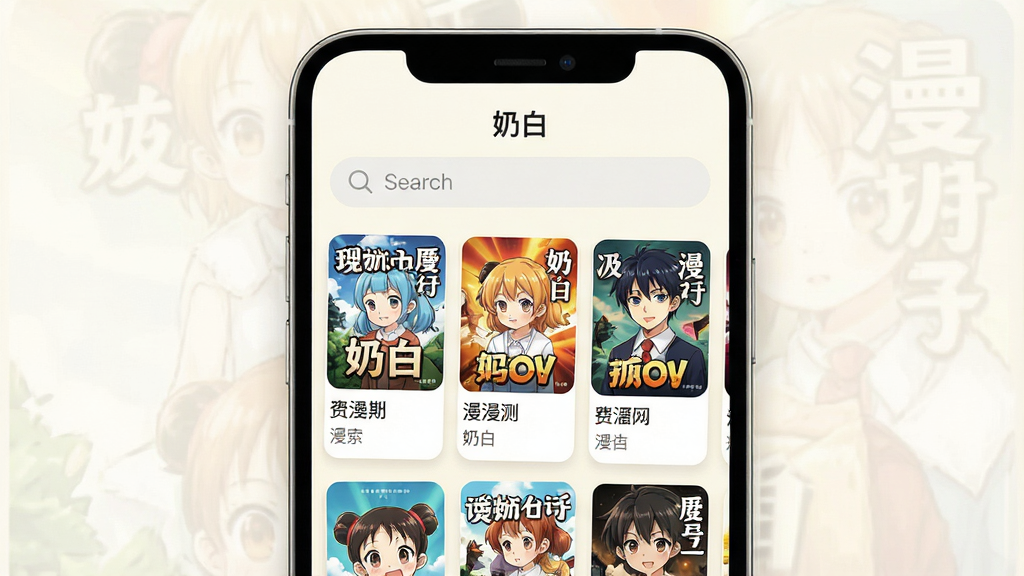 一张展示手机屏幕的图片,屏幕中央显示“奶白”软件主界面,界面顶部有搜索框,下方为漫剧资源卡片列表,卡片包含封面图和标题文字,背景为淡奶白色调,风格简约清新,细节上突出搜索框和资源卡片,画质清晰干净无多余元素