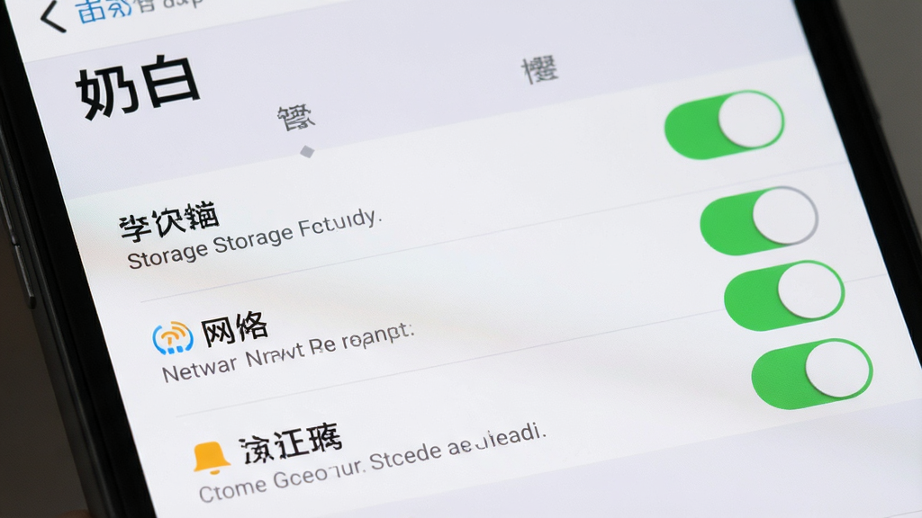一张展示手机设置界面的图片,画面中显示“奶白”应用的权限管理页面,包含存储、网络、通知等权限开关,背景为浅灰色,风格简洁明了,细节上突出权限开关按钮和说明文字,画质清晰干净无多余元素