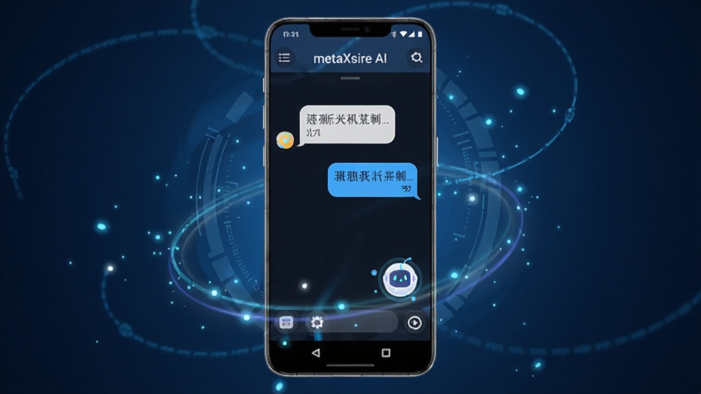 画面中央展示一部安卓手机,手机屏幕上显示metaXsire AI应用的对话界面,界面中有聊天气泡和AI助手图标,手机周围环绕着光效和科技感线条,背景为深蓝色渐变,布局采用居中构图,风格为现代科技风,细节包括手机边框的高光、界面元素的清晰呈现,画质高清,干净,无多余元素