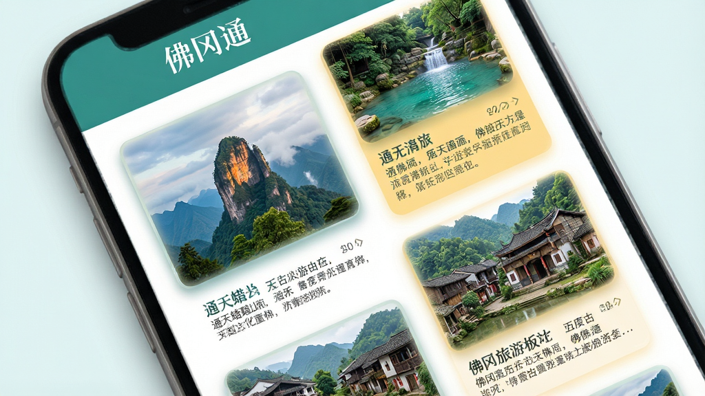 一幅展示佛冈文化旅游的手机应用界面图,画面主体为“佛冈通”应用的文化旅游板块,屏幕内呈现通天蜡烛山峰、温泉、古村落等风景图片和文字介绍。布局为杂志式排版,图片与文字错落有致。风格为清新文艺风格,色彩以青绿色和暖黄色为主。细节上图片有柔和的边框和阴影,文字排版精致。画质高清,画面干净,无多余元素。