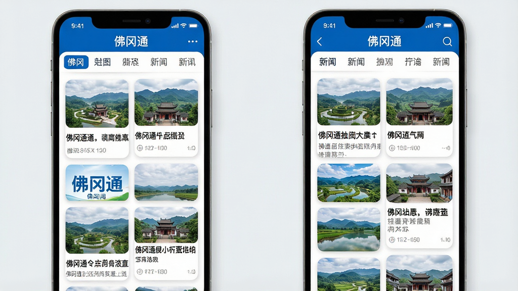 一幅手机应用界面展示图,画面主体为“佛冈通”应用的新闻资讯页面,屏幕上排列着多个新闻卡片,卡片包含佛冈本地风景图片和文字标题。布局为纵向滚动列表,顶部有频道导航栏。风格为现代UI设计展示,色彩以白色和品牌蓝色为主。细节上卡片有圆角、阴影和清晰的文字排版。画质高清,界面干净整洁,无多余装饰元素。