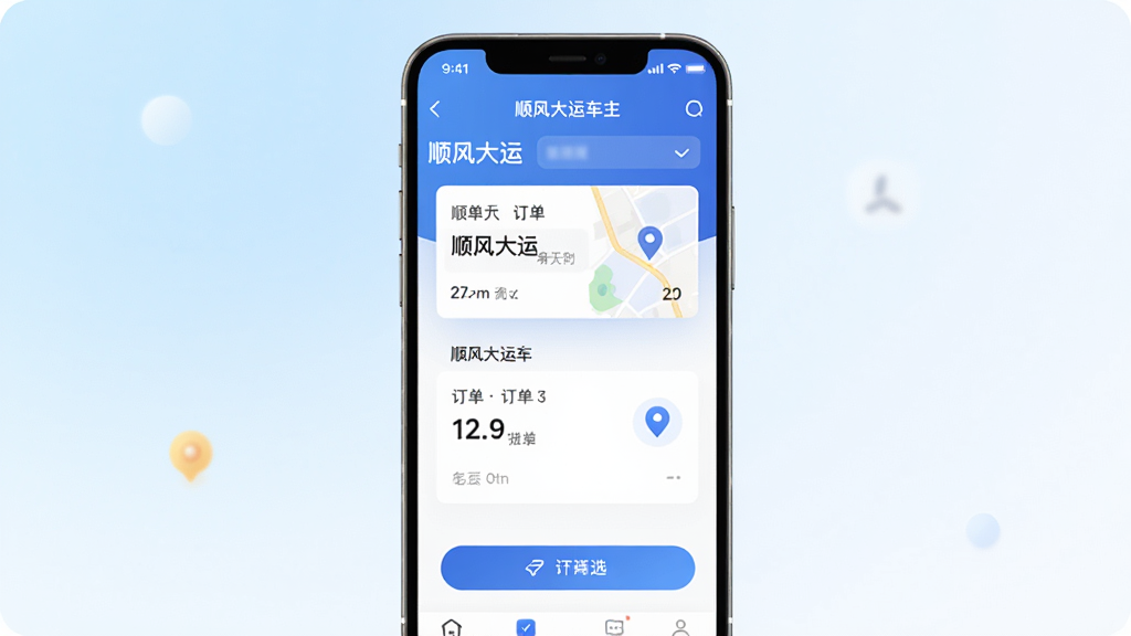 一款名为顺风大运车主的手机应用界面展示图,画面主体为一部竖屏智能手机,屏幕上显示顺风大运车主的订单推荐页面,布局采用居中展示配合浅色渐变背景,排版突出手机屏幕内容,风格为现代科技感UI展示风,细节包括订单卡片、地图定位图标、筛选按钮,画质高清、干净、无多余元素