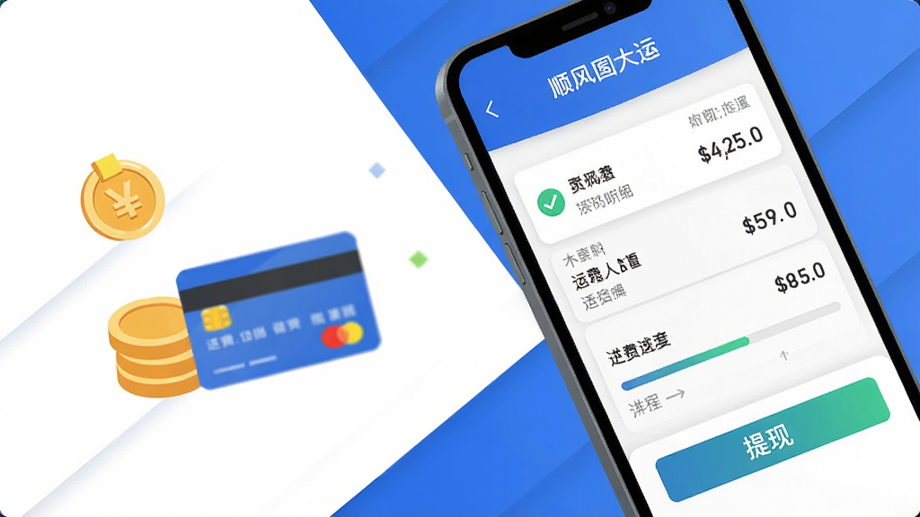 顺风大运车主运费结算页面示意图,画面主体为手机屏幕特写,屏幕上显示清晰的运费明细列表和提现按钮,布局采用对角线构图增加动感,排版将手机置于画面右侧,左侧留白处放置金币与银行卡图形元素,风格为扁平化插画风,细节包括对勾图标、数字金额、进度条,画质高清、干净、无多余元素