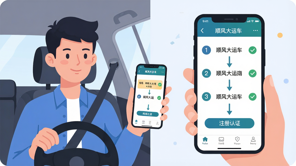 顺风大运车主新手操作指引图,画面主体为一位年轻司机手持手机查看顺风大运车主应用,手机屏幕显示注册认证步骤流程图,布局采用左右分栏,左侧为人物半身像,右侧为放大的手机界面,排版清晰有序,风格为扁平化信息图风格,细节包括步骤数字标签、箭头引导线、对勾图标,画质高清、干净、无多余元素