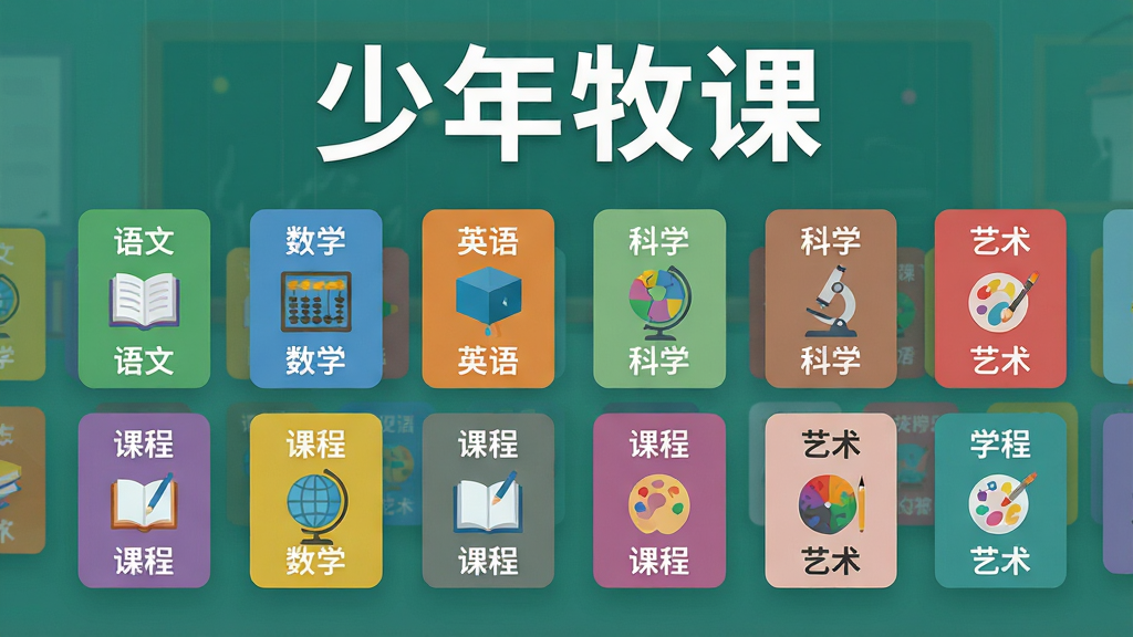 画面主体为一排整齐排列的课程卡片悬浮在空中,每张卡片上标注不同学科名称如“语文”“数学”“英语”“科学”“艺术”;布局采用网格状排列,卡片之间有适度间距;排版上画面顶部中央放置“少年牧课”四个大字;风格为扁平化设计,色彩丰富但不刺眼;细节上每张卡片配有对应学科的图标,如书本、算盘、地球仪等;画质高清,画面干净整洁,无多余元素。