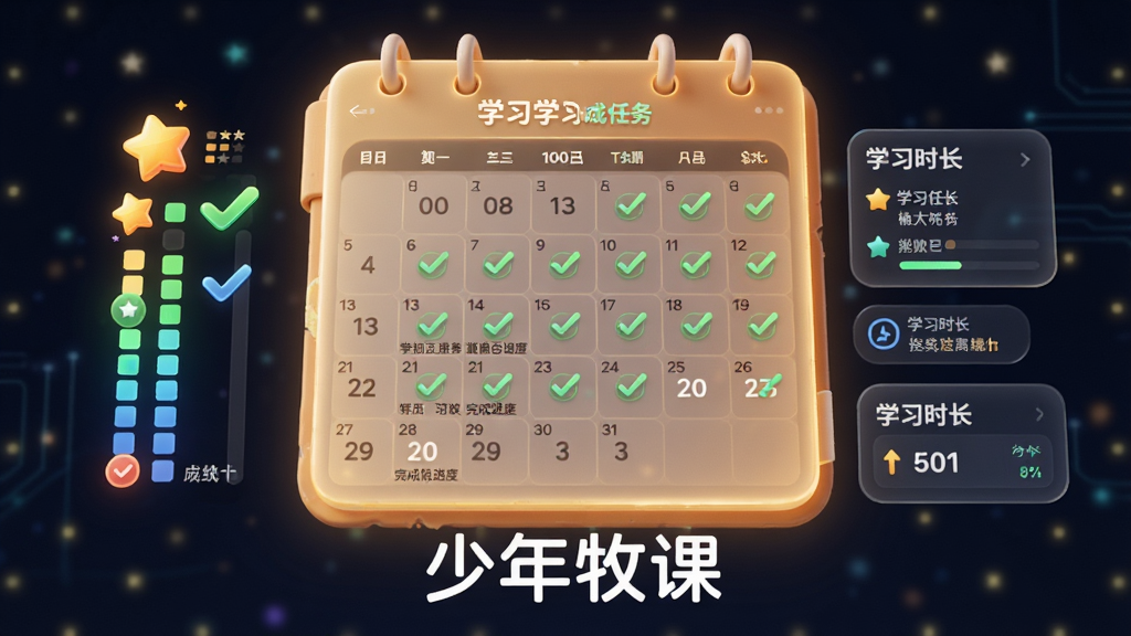 画面主体为一个发光的日历界面,上面标注着每日学习任务和完成进度打勾标记;布局采用竖向排版,日历占据画面中央;排版上画面底部放置“少年牧课”软件名称;风格为科技感与温馨感结合的界面设计风;细节包括日历旁的进度条、星星奖励图标、学习时长统计;画质高清,画面干净,无多余元素。
