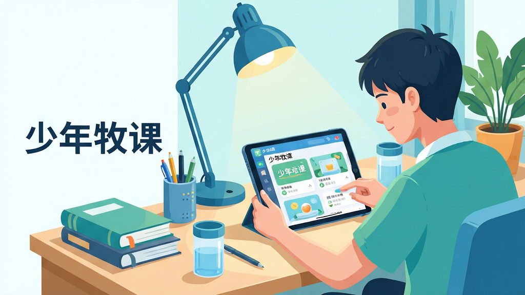 画面主体为一名青少年坐在书桌前使用平板电脑学习,屏幕中显示少年牧课APP的课程列表界面;布局采用居中构图,书桌、台灯、绿植作为背景点缀;排版上画面左侧留白放置软件名称文字;风格为清新明亮的插画风,色调以蓝绿为主;细节包括书本、笔筒、水杯等学习用品,屏幕中课程卡片清晰可见,文字标注“少年牧课”;画质高清,画面干净,无多余元素。