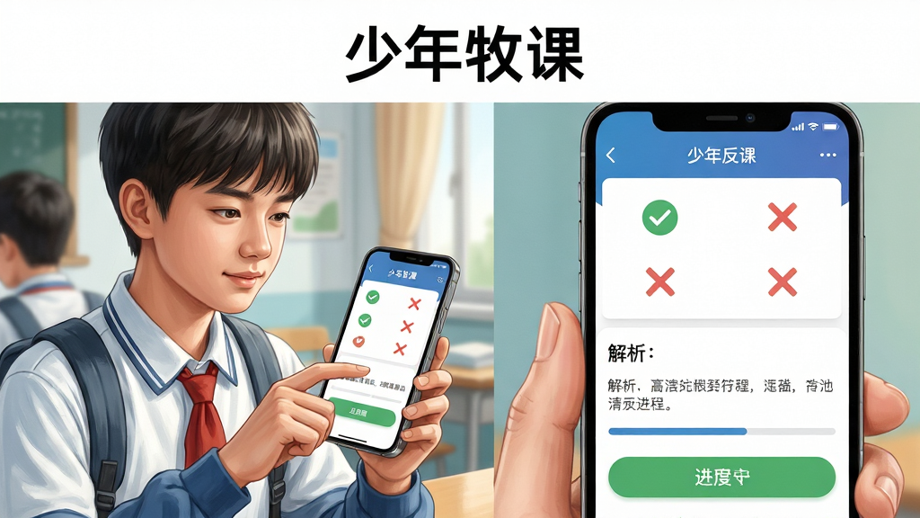 画面主体为一名学生正在使用手机答题,手机屏幕显示选择题界面和答题反馈;布局采用人物半身像居左、手机屏幕特写居右的拼接式排版;排版上画面顶部中央放置“少年牧课”文字;风格为写实与插画结合的风格;细节包括屏幕上的对勾和叉号标记、解析文字、进度条;画质高清,画面干净,无多余元素。