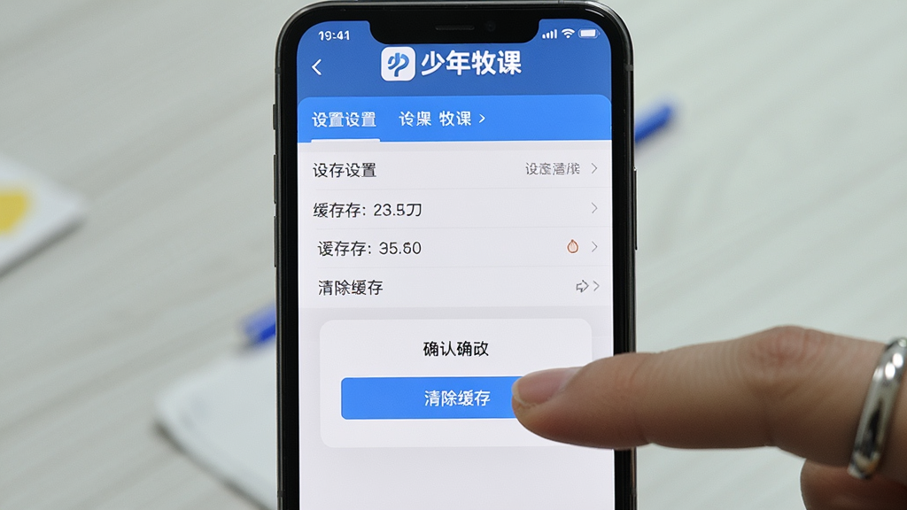 画面主体为一部智能手机屏幕显示少年牧课APP的设置界面,旁边有手指点击“清除缓存”按钮的特写;布局采用手机居中、手指从右侧伸入的构图;排版上画面顶部放置“少年牧课”文字标识;风格为写实界面截图风格;细节包括设置菜单项、缓存大小数字、确认弹窗;画质高清,画面干净,无多余元素。