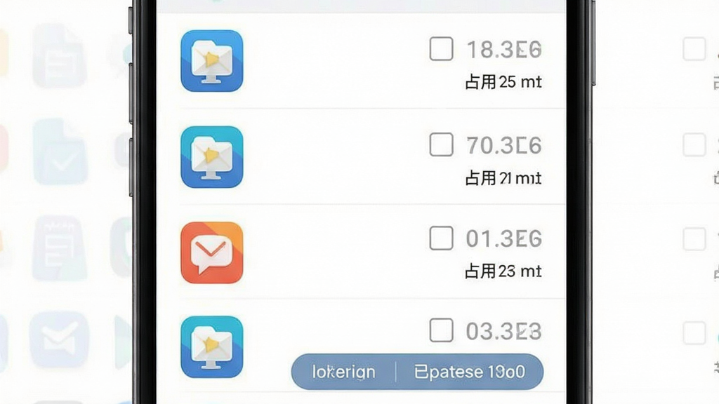 手机管理助手的应用管理列表界面,屏幕上显示多个应用图标纵向排列,每个应用右侧有复选框和占用空间标注,主体位于画面中央偏上,布局为纵向列表式,风格为清爽商务扁平化,细节包括批量操作按钮和已选数量提示,画质清晰,画面干净,无多余元素