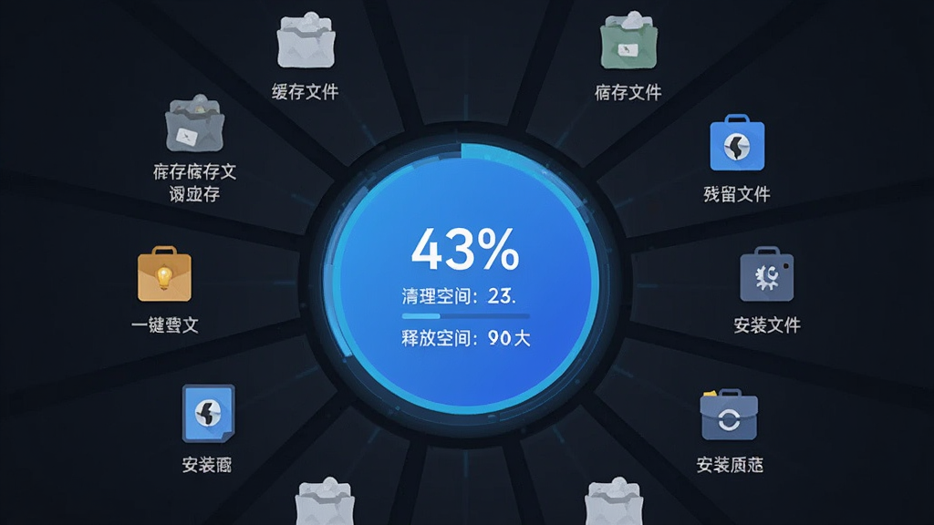 手机管理助手一键清理功能界面,手机屏幕中央显示一个大圆形清理按钮,周围环绕缓存文件、残留文件、安装包等垃圾文件图标,主体突出,布局以圆形为中心向外辐射,风格为科技感扁平设计,细节包括清理进度百分比数字和释放空间大小提示,画质高清,画面干净,无多余元素