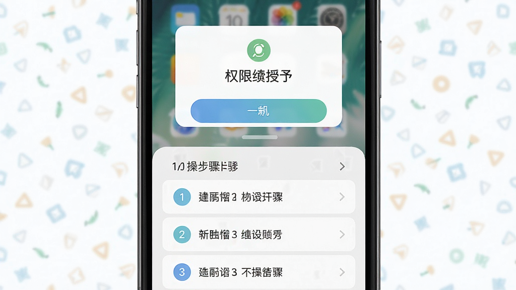 手机管理助手新手操作引导界面,手机屏幕显示权限授予弹窗和操作步骤提示,主体位于画面中央,布局为上下结构上方权限弹窗下方操作步骤列表,风格为清新友好的扁平化设计,细节包括权限图标和步骤序号标注,画质高清,画面干净,无多余元素