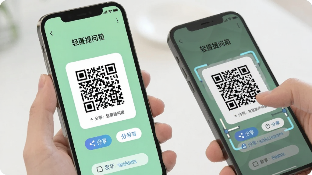 一部手机屏幕显示“轻匿提问箱”的二维码分享页面,二维码位于屏幕中央,周围有分享按钮和链接复制选项,背景为浅绿色清新色调,旁边有一只手拿着另一部手机正在扫描二维码,画面明亮干净,风格现代简约