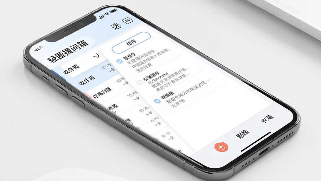 手机屏幕展示“轻匿提问箱”的消息管理界面,界面左侧是收件箱列表,右侧是具体问答内容,屏幕上方有筛选和排序按钮,下方有删除和收藏图标,整体布局清晰,配色以白色和淡蓝色为主,画质干净,风格商务简约