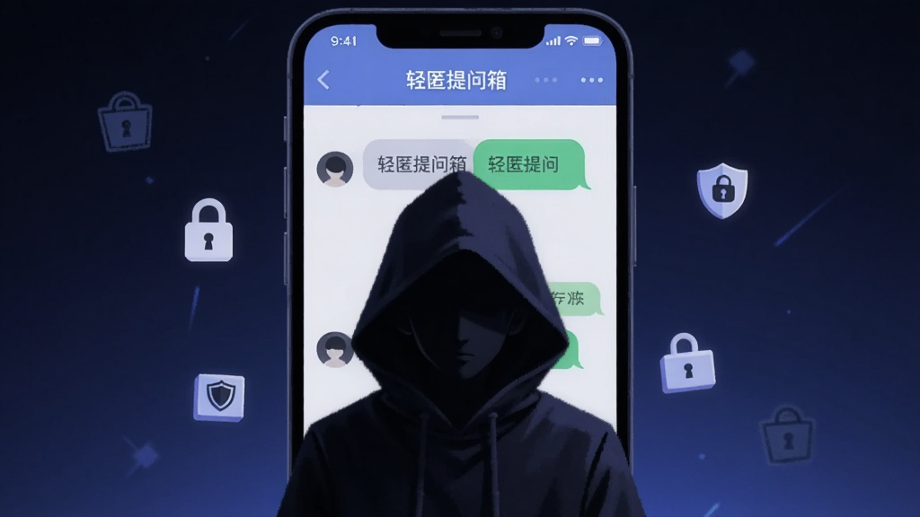 一个戴着兜帽的人物剪影站在手机屏幕前,屏幕中显示“轻匿提问箱”的聊天界面,界面中只有文字气泡没有头像,人物剪影周围环绕着锁和盾牌的小图标,背景为深蓝色调,风格神秘且安全,画质清晰,构图简洁,无多余装饰