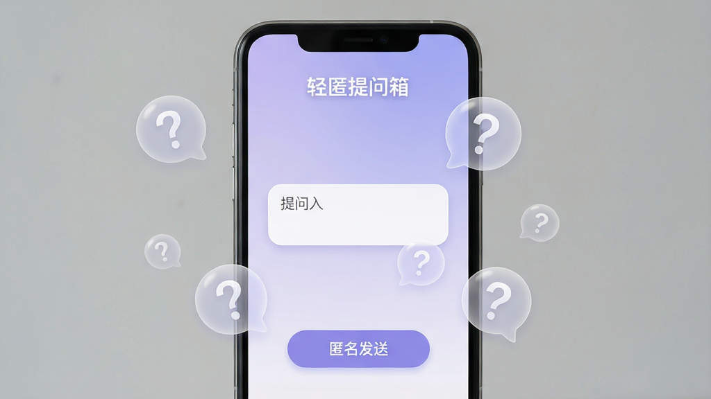 一张展示手机屏幕的图片,屏幕中央显示“轻匿提问箱”应用的主界面,界面采用淡紫色渐变背景,顶部有“轻匿提问箱”文字标识,中间是一个圆角矩形的提问输入框,底部有匿名发送按钮,周围漂浮着几个半透明的问号气泡图标,整体风格清新简约,画质清晰干净,无多余元素