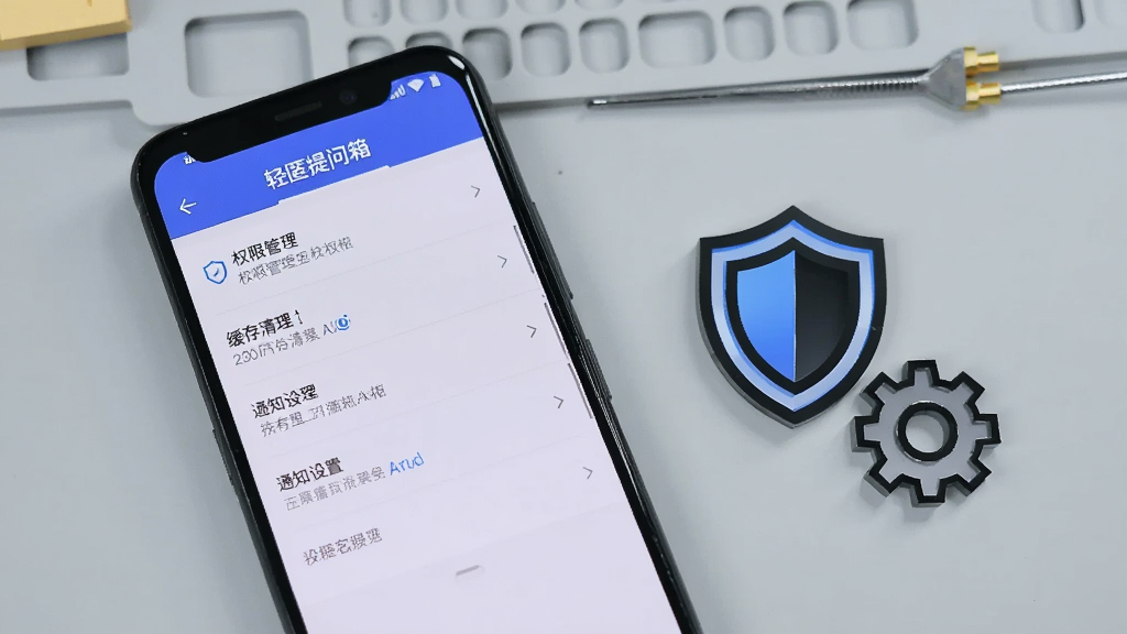 一部安卓手机屏幕显示“轻匿提问箱”的设置页面,页面中包含权限管理、缓存清理、通知设置等选项,手机旁边放着一个盾牌图标和齿轮图标,背景为浅灰色工作台面,画面清晰整洁,风格科技感,画质干净