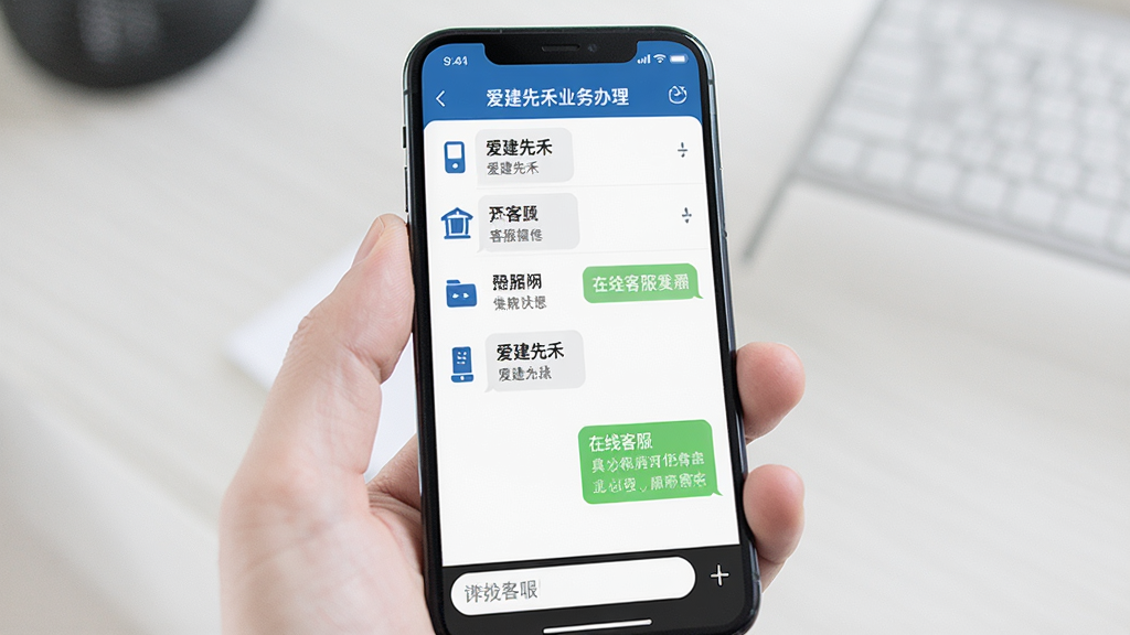 一张展示爱建先禾业务办理与客服界面的图片,主体为手机屏幕显示功能列表与在线客服对话框,布局为纵向列表加底部输入框,排版工整,风格为简洁商务风,细节包括业务图标、文字说明与聊天气泡,画质清晰,干净,无多余元素