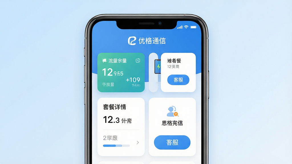 优格通信APP主界面展示图,画面中央放置一部智能手机,手机屏幕显示优格通信应用首页,页面包含流量余量卡片、套餐详情入口、客服按钮等模块,顶部有优格通信文字标识,背景为浅蓝色渐变,布局简洁清晰,风格为现代扁平化UI设计,细节包括圆角卡片、图标点缀、数字信息展示,画质高清,画面干净,无多余元素